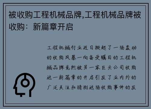 被收购工程机械品牌,工程机械品牌被收购：新篇章开启